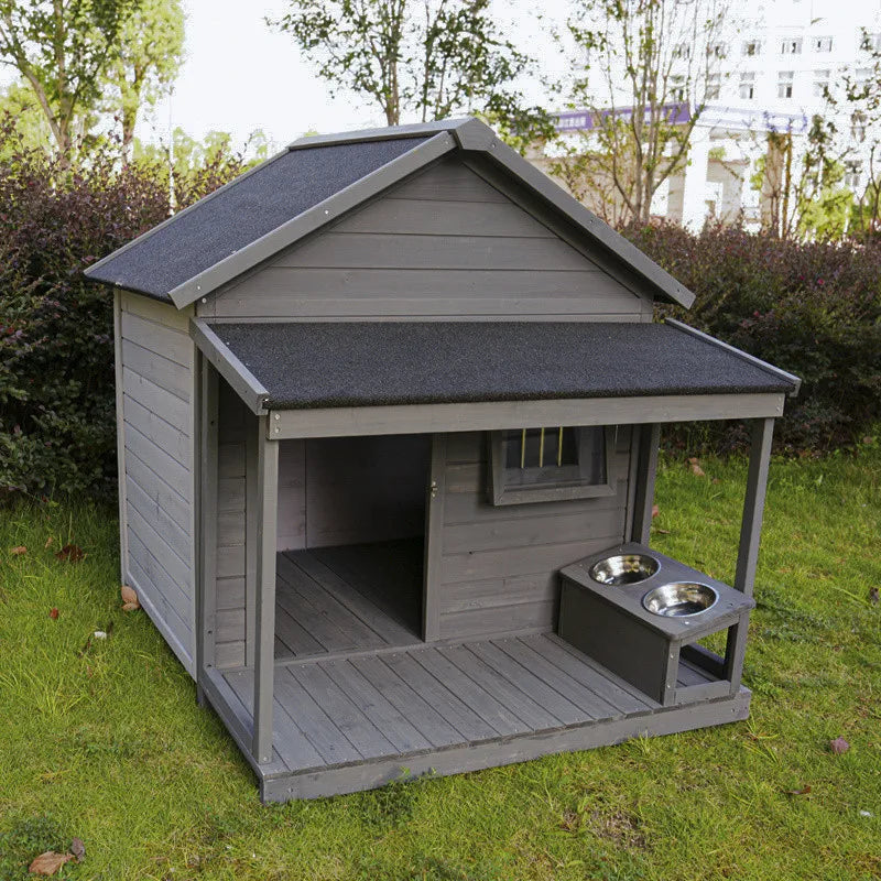 Multifunctional Wooden Outdoor Dog House with Porch & Feeding Station
