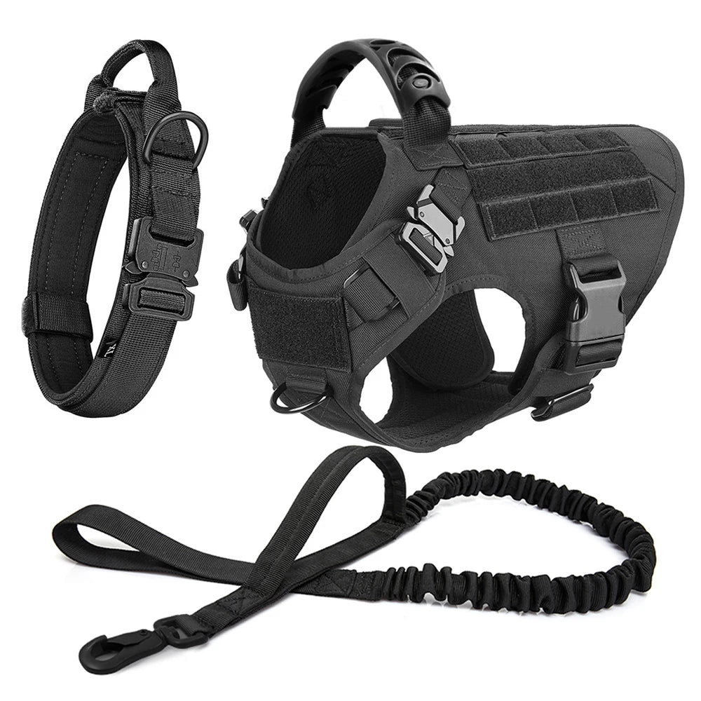 Tactical Large Dog Harness, Collar & Leash Set with MOLLE Pouches