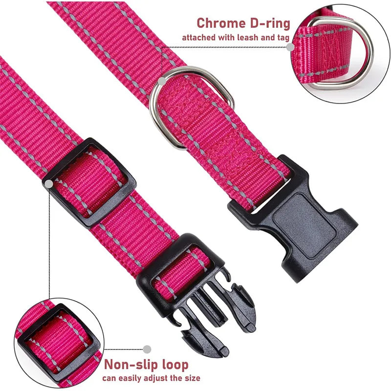 Reflective Adjustable Nylon Dog Collar with Buckle