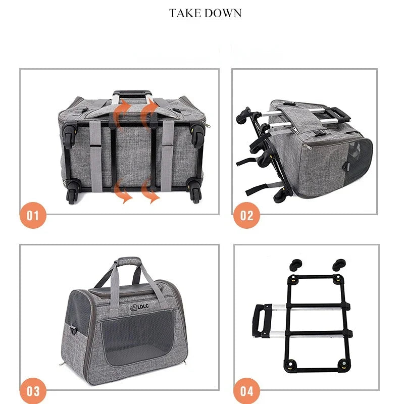 Breathable Portable Pet Trolley Carrier with Pull Rod & Backpack Function