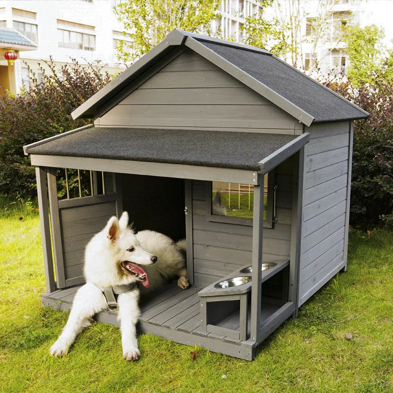 Multifunctional Wooden Outdoor Dog House with Porch & Feeding Station