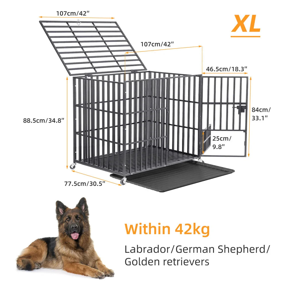 XXL Heavy Duty Dog Crate – Tear-Resistant Metal Cage with Lockable Wheels & Tray