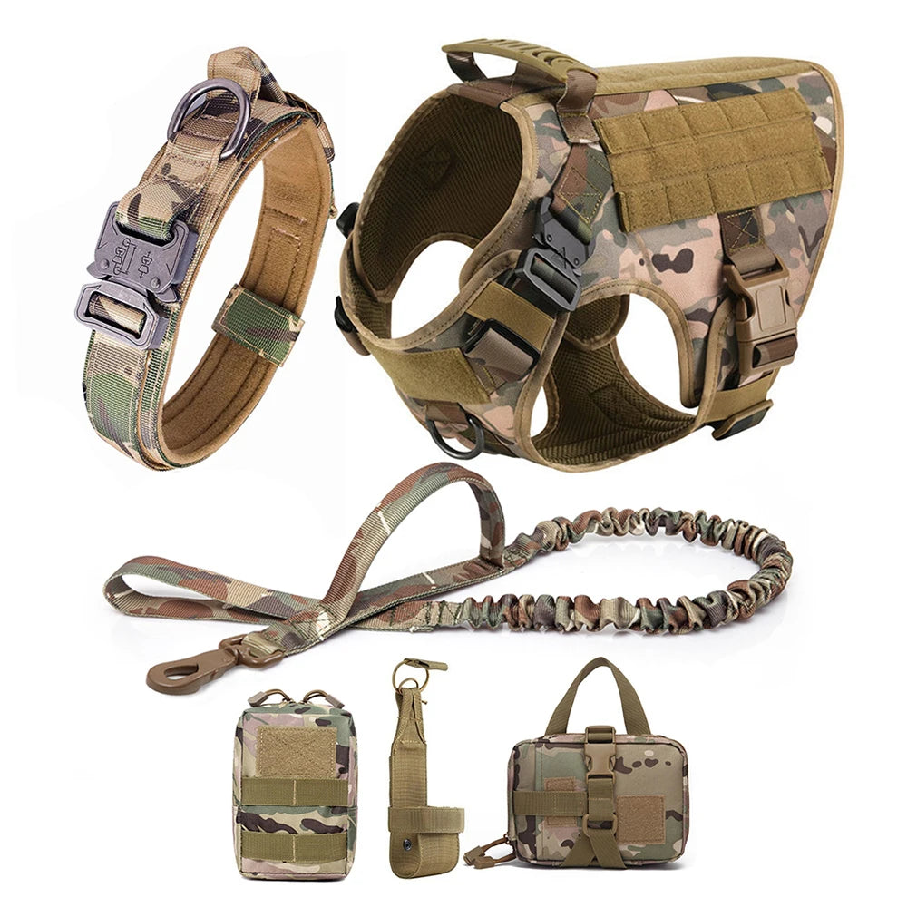 Tactical Large Dog Harness, Collar & Leash Set with MOLLE Pouches