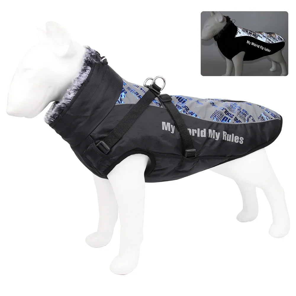 Waterproof Large Dog Coat with Built-In Harness & Furry Collar 🐾❄️