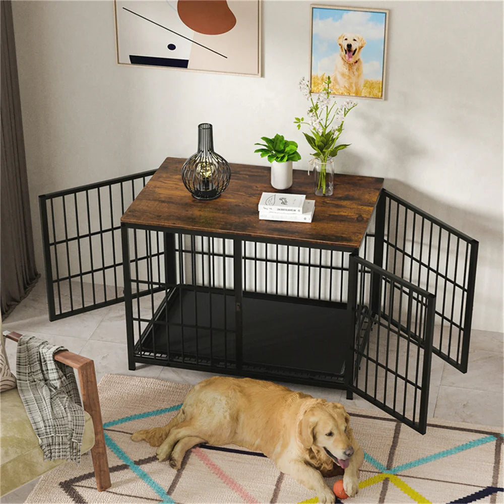 Large Wooden Indoor Dog Crate – Furniture Style Kennel with 3 Doors & Removable Tray