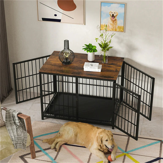 Large Wooden Indoor Dog Crate – Furniture Style Kennel with 3 Doors & Removable Tray