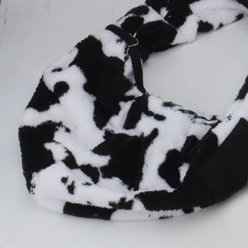 Autumn/Winter Plush Pet Shoulder Carrier – Cow Print Crossbody Bag