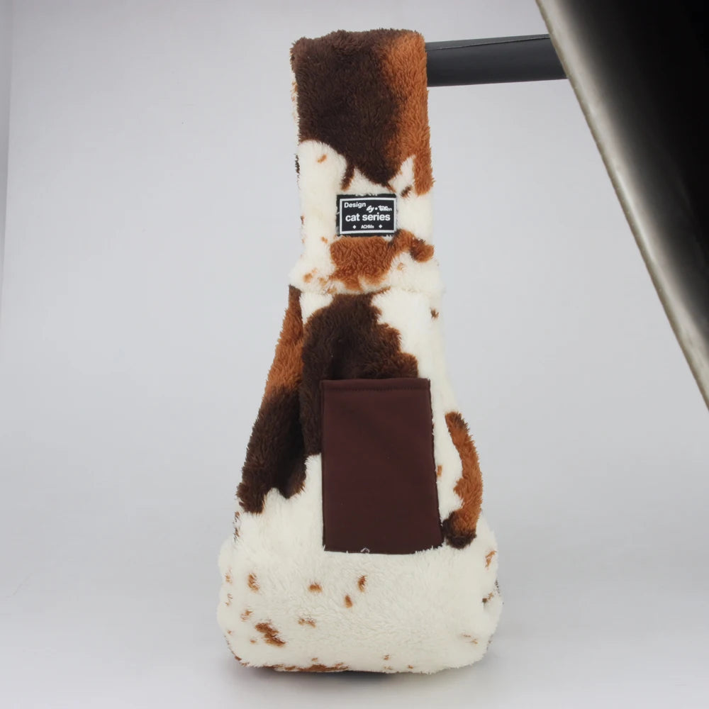 Autumn/Winter Plush Pet Shoulder Carrier – Cow Print Crossbody Bag