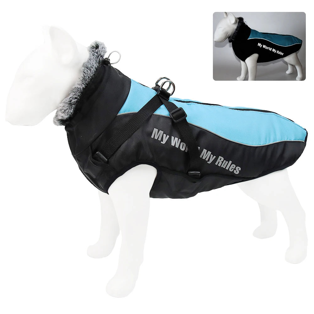 Waterproof Large Dog Coat with Built-In Harness & Furry Collar 🐾❄️