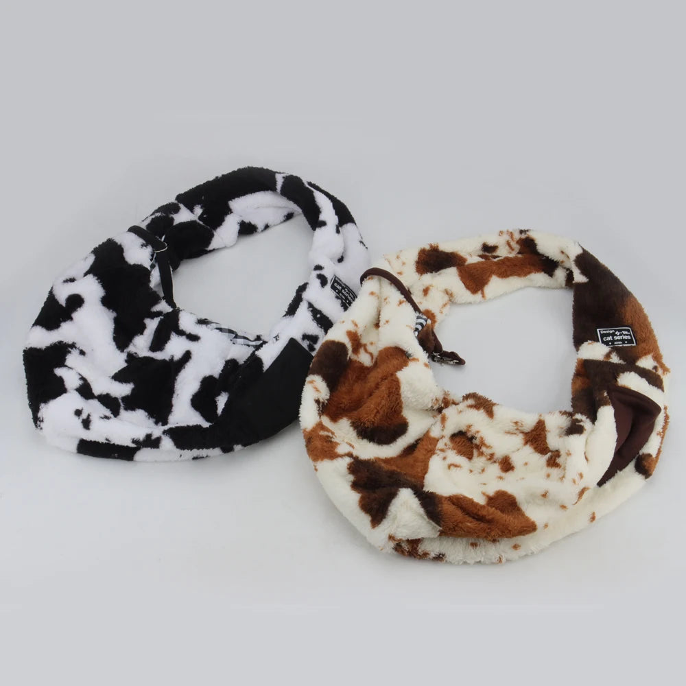 Autumn/Winter Plush Pet Shoulder Carrier – Cow Print Crossbody Bag