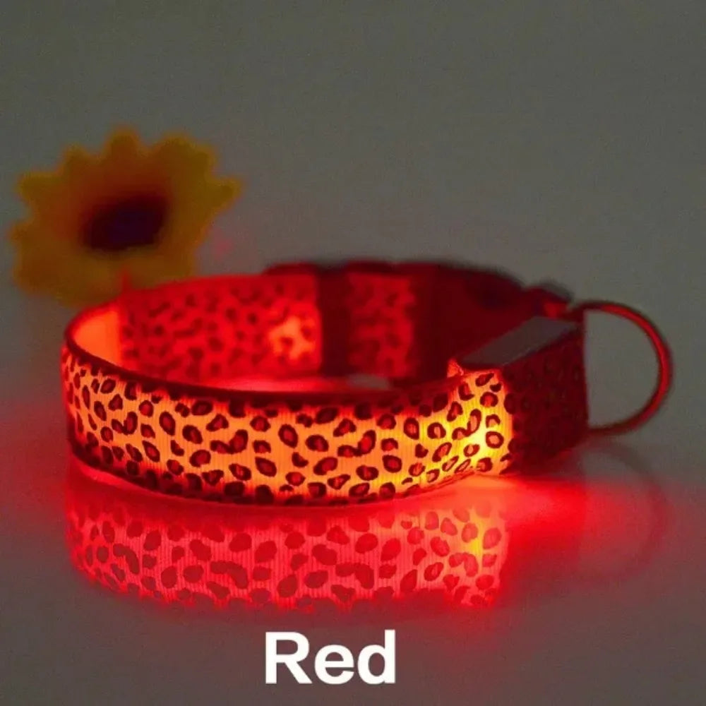 Leopard Print LED Dog Collar – Adjustable, Glowing & Night-Safe