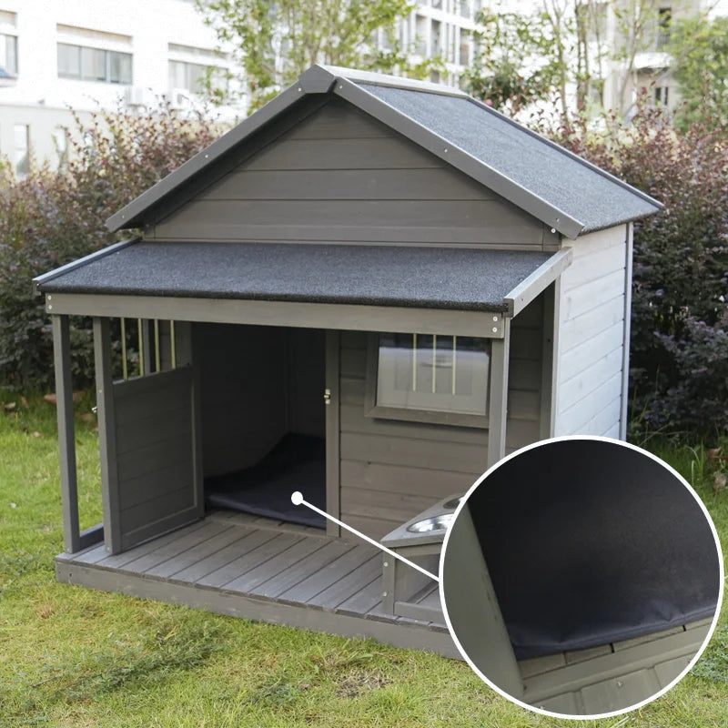 Multifunctional Wooden Outdoor Dog House with Porch & Feeding Station
