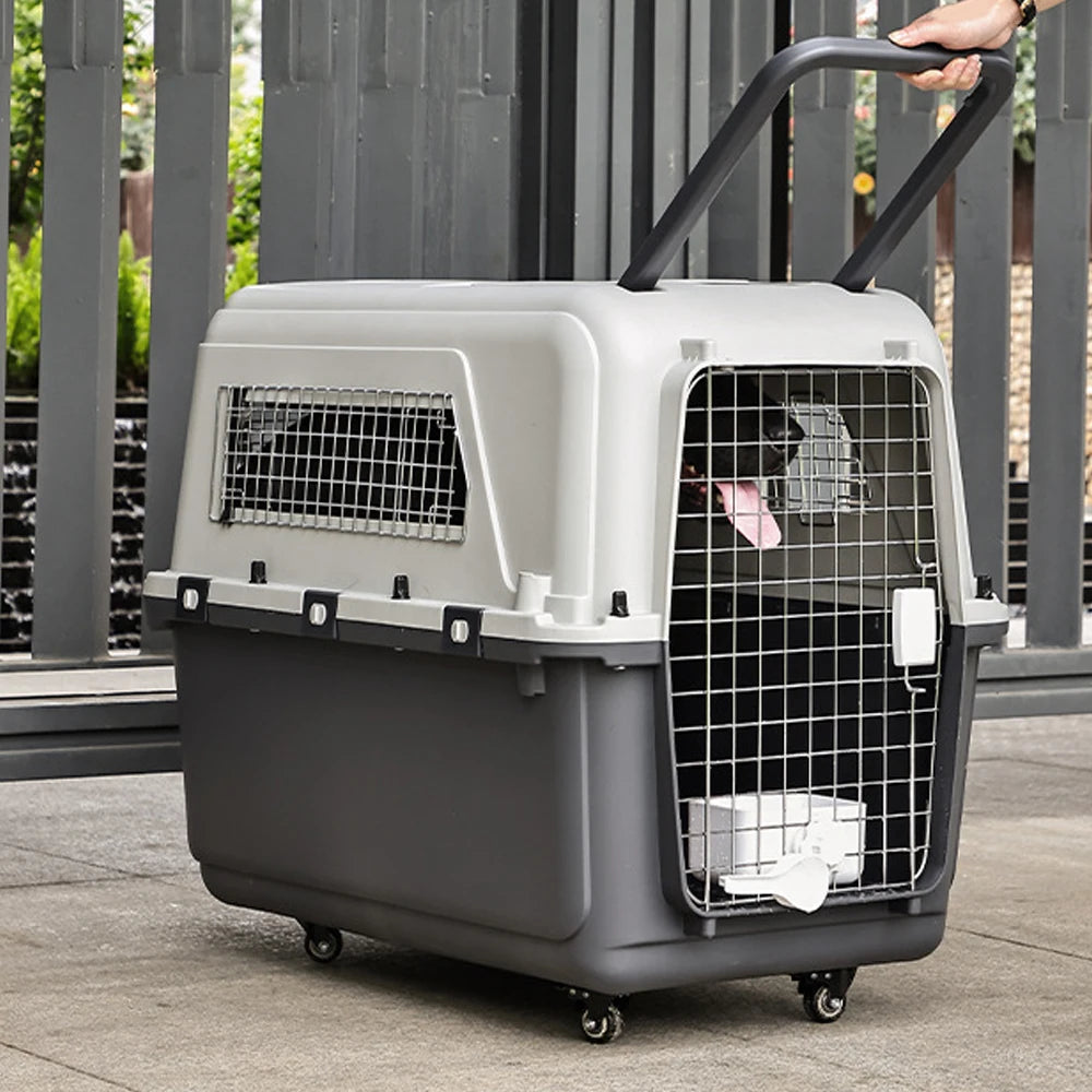 33" Large Airline-Friendly Dog Carrier – Durable Plastic Flight Crate with Wheels & Metal Ventilation Windows
