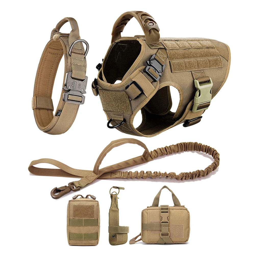 Tactical Large Dog Harness, Collar & Leash Set with MOLLE Pouches