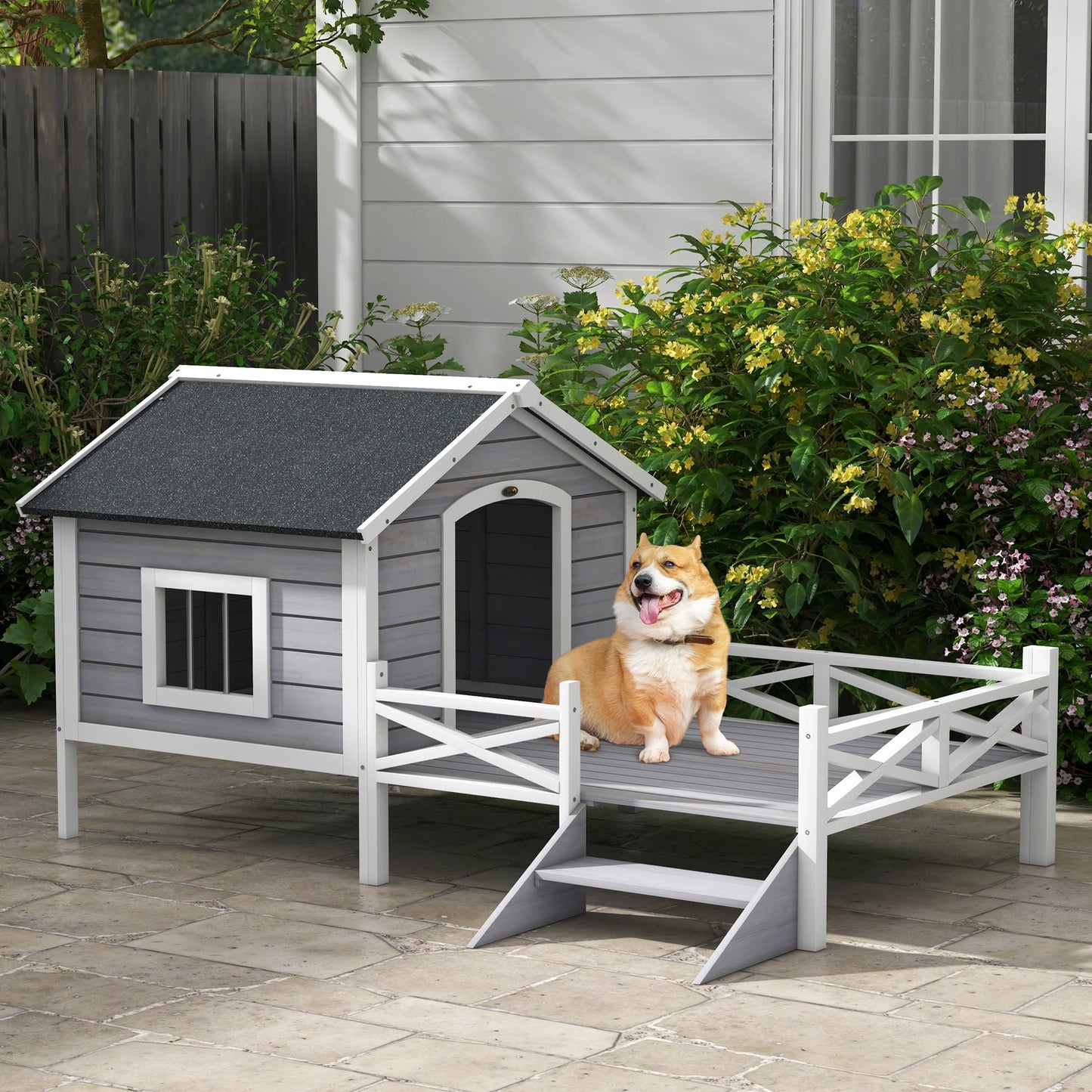 PawHut Wooden Dog House with Porch – Grey