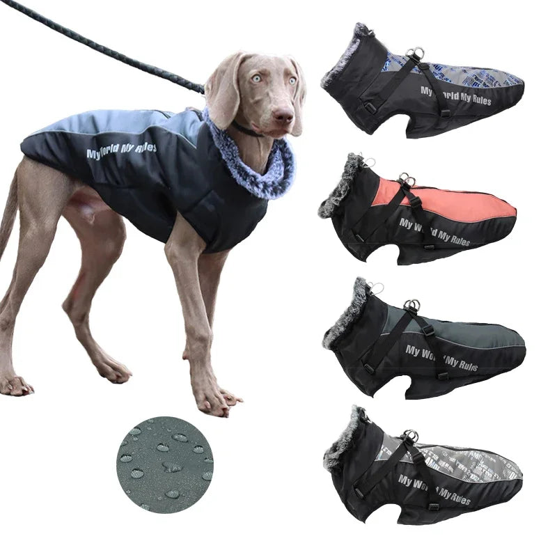 Waterproof Large Dog Coat with Built-In Harness & Furry Collar 🐾❄️