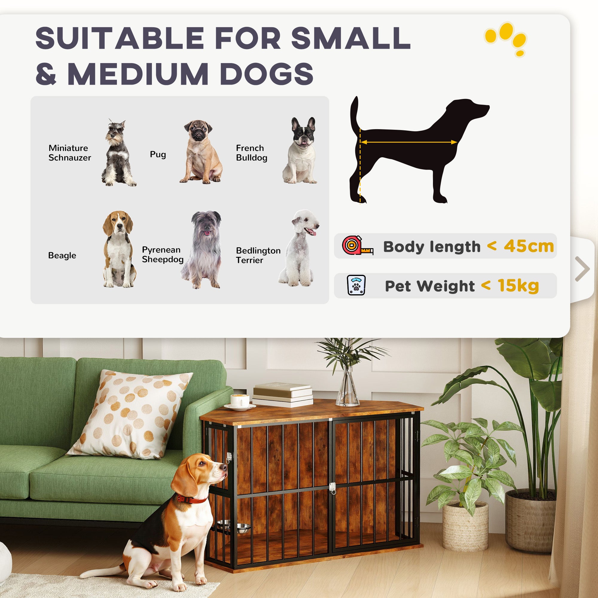 PawHut Corner Dog Crate with Dual Bowls - Space-Saving for Small & Medium Dogs