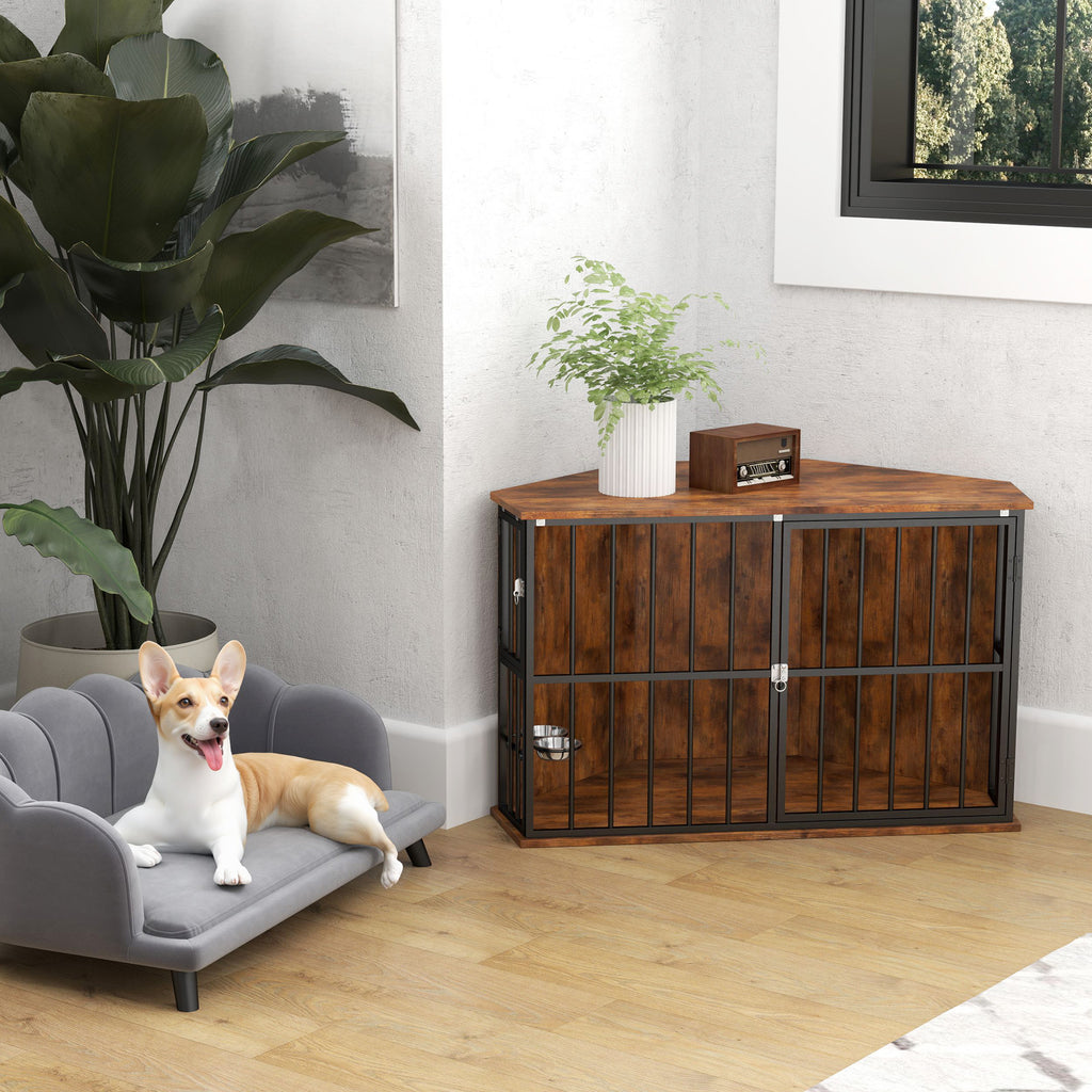 PawHut Corner Dog Crate with Dual Bowls - Space-Saving for Small & Medium Dogs