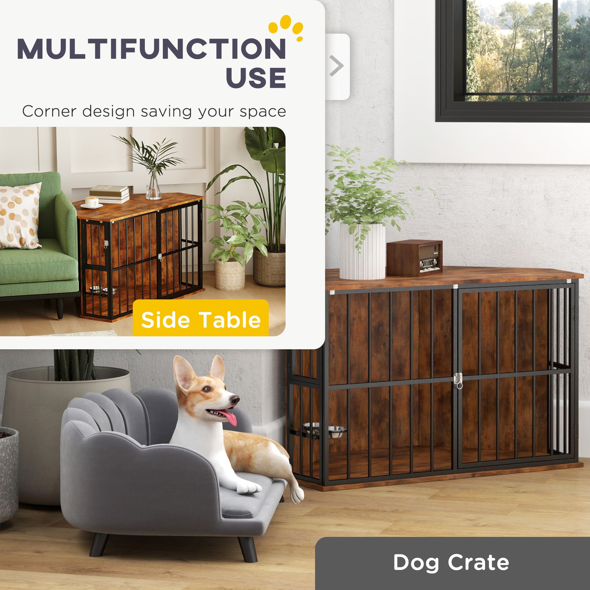 PawHut Corner Dog Crate with Dual Bowls - Space-Saving for Small & Medium Dogs