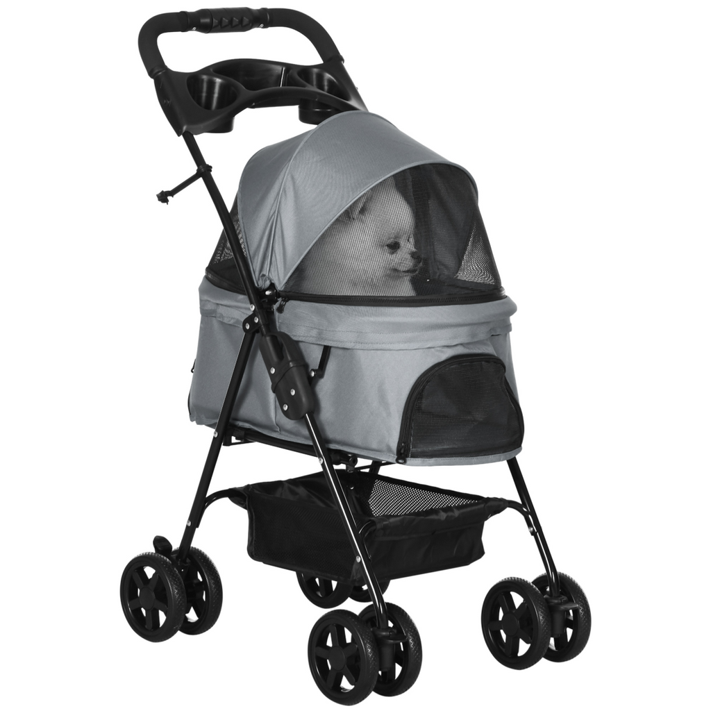 No-Zip Foldable Pet Stroller with Brake Basket, 360° Wheels, Adjustable Canopy
