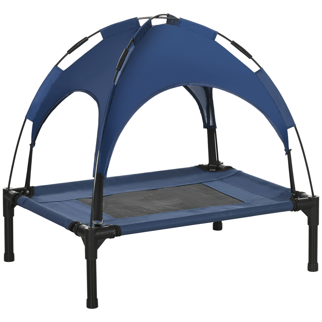 Elevated Outdoor Dog Bed with Canopy - Cooling Raised Cot, UV Shade Blue