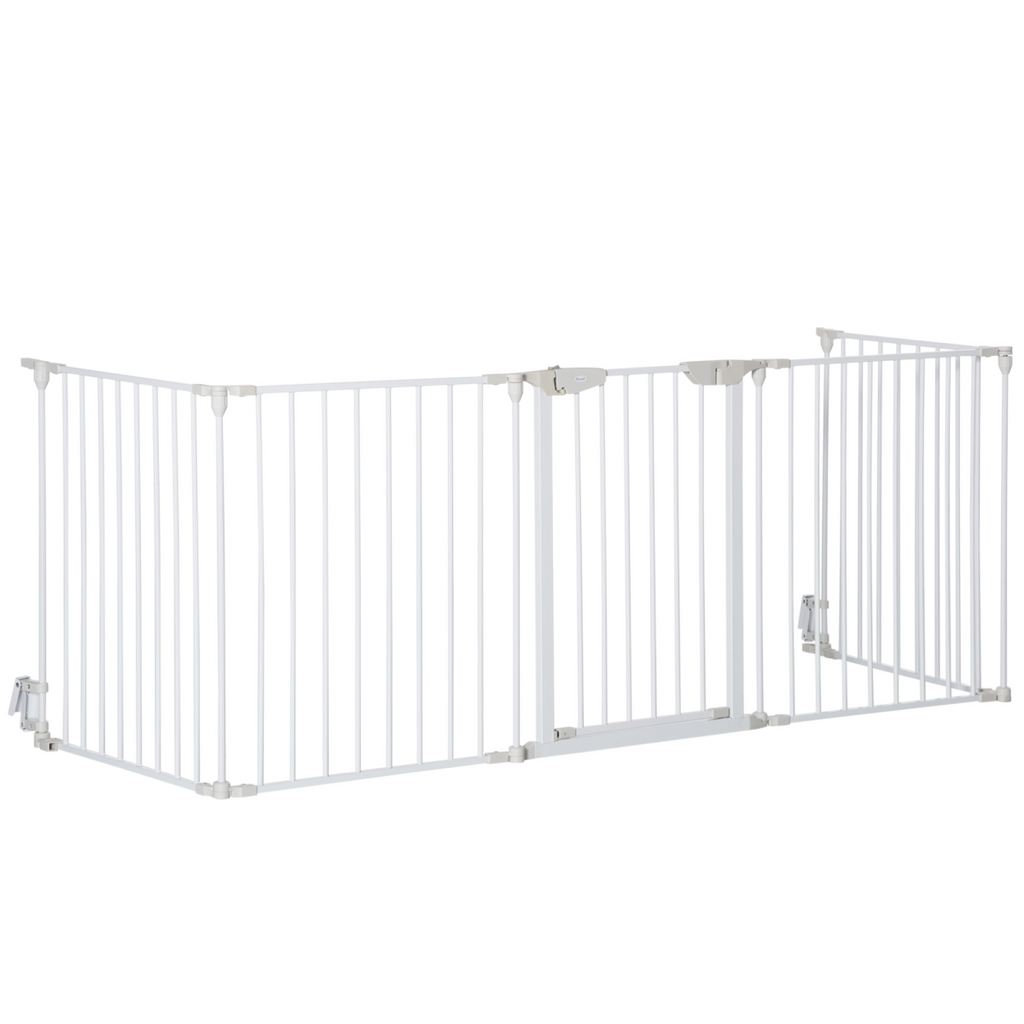 5-Panel Pet Gate Playpen, Indoor Stair Barrier with Walk-Through Door, White