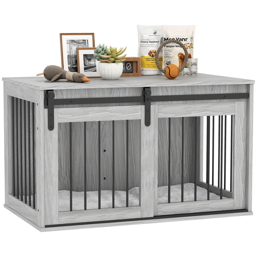 PawHut Large Dog Crate & Side Table with Removable Cushion - Grey
