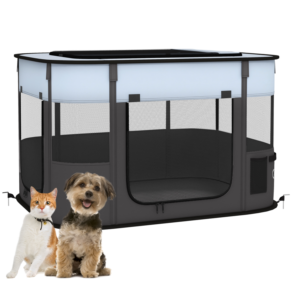 PawHut Portable Pet Playpen - Foldable, Multi-Door, 84x64x53 cm (Grey)