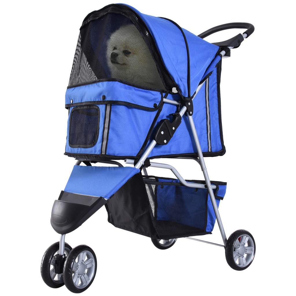 Pet Stroller Pushchair Carrier, 3-Wheel Blue Pawhut for Cats & Small Dogs