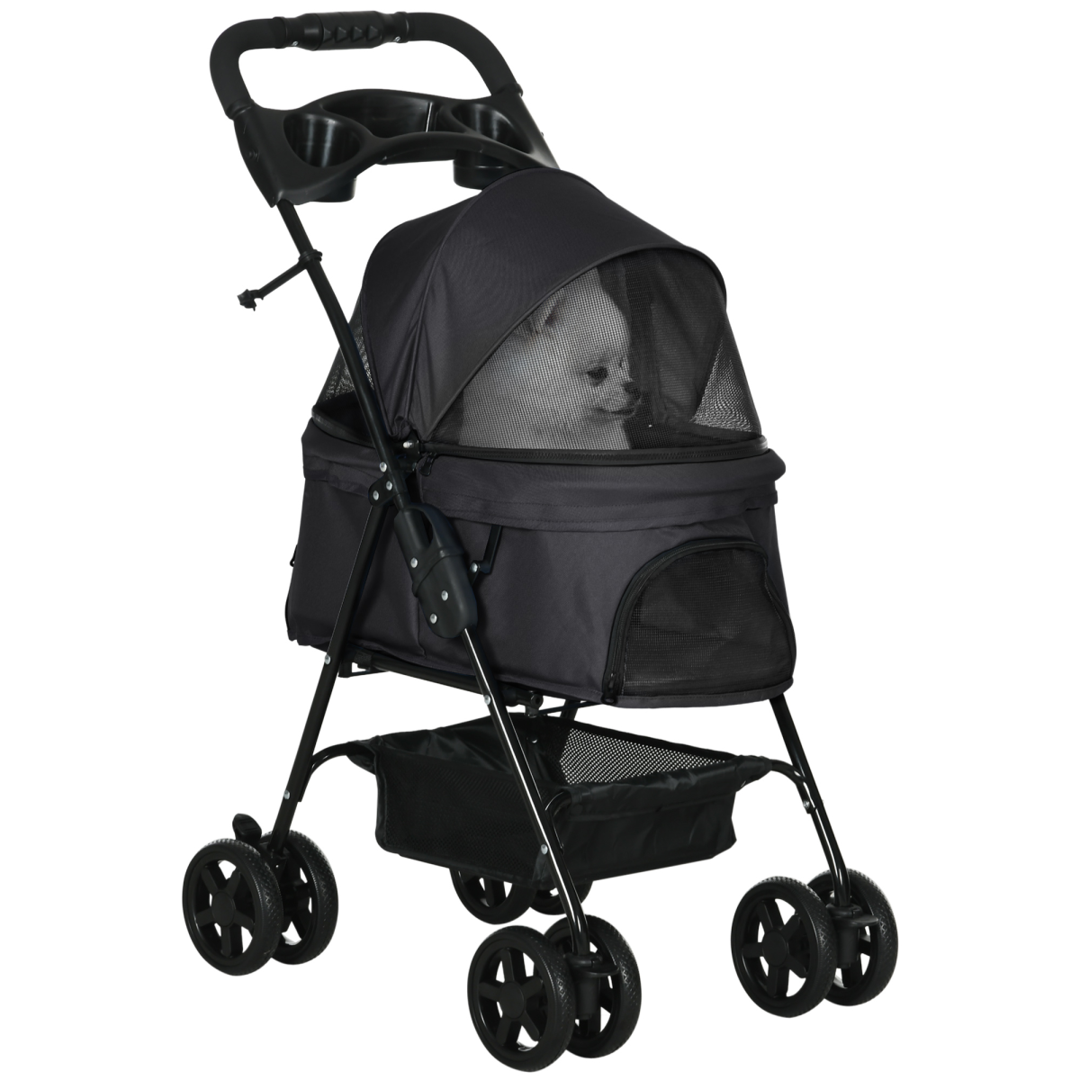 PawHut Foldable Pet Stroller with Brakes, Canopy & Mesh Front - Black