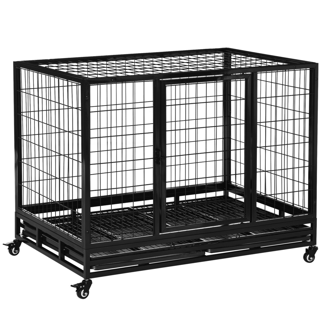 Metal Kennel Cage with Wheels & Tray - Large Black, 109x76x87 cm