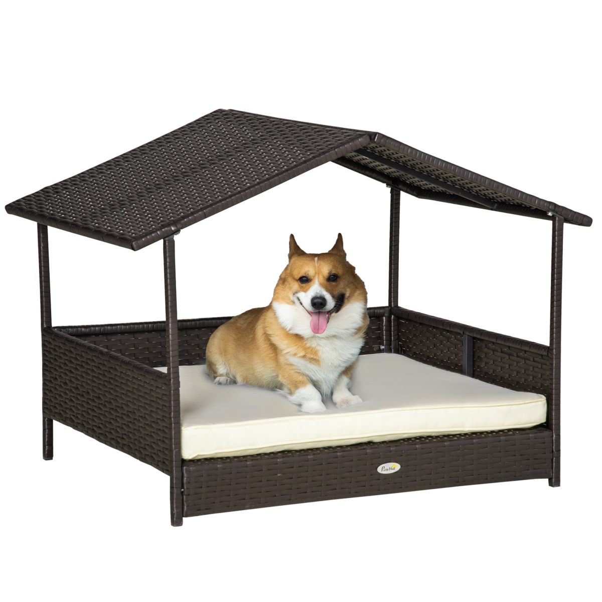 PawHut Wicker Dog House & Rattan Pet Bed with Cushion - Cream