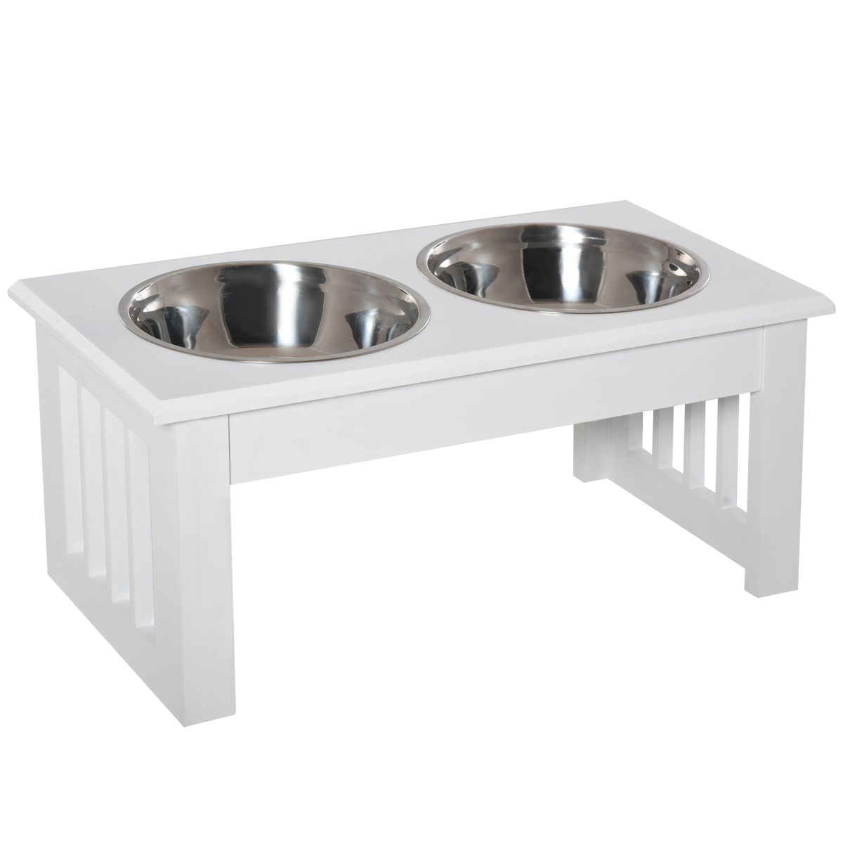 Pet Feeder Raised Stainless Steel Bowls Stand - Food & Water (White, Small)