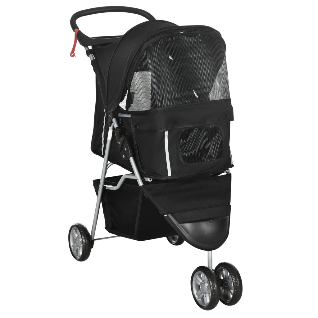 3-Wheel Cat & Dog Pet Stroller Carrier with Brake & Breathable Mesh - Black