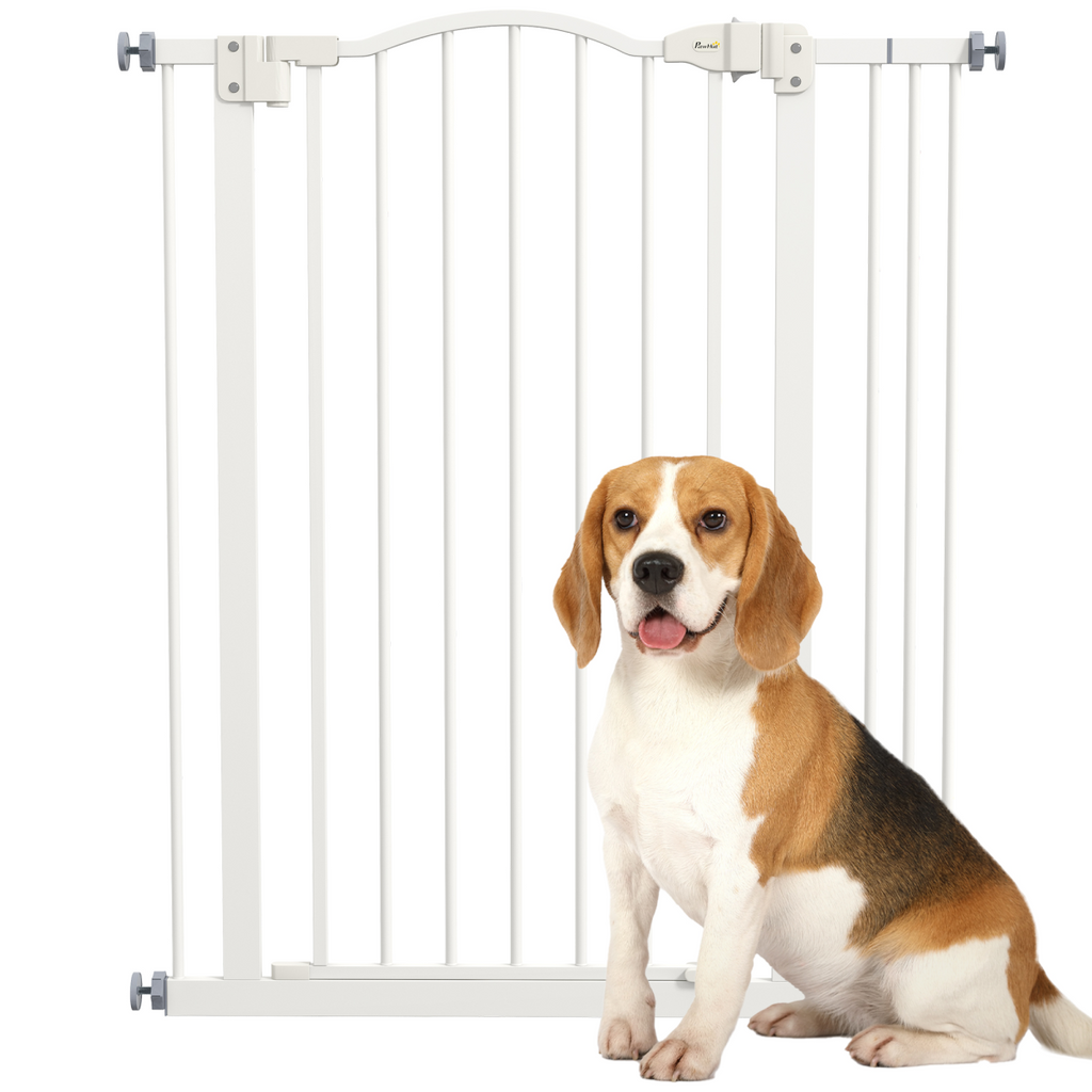 PawHut Adjustable 74-87cm Metal Pet Gate with Auto-Close, Double Locking, White