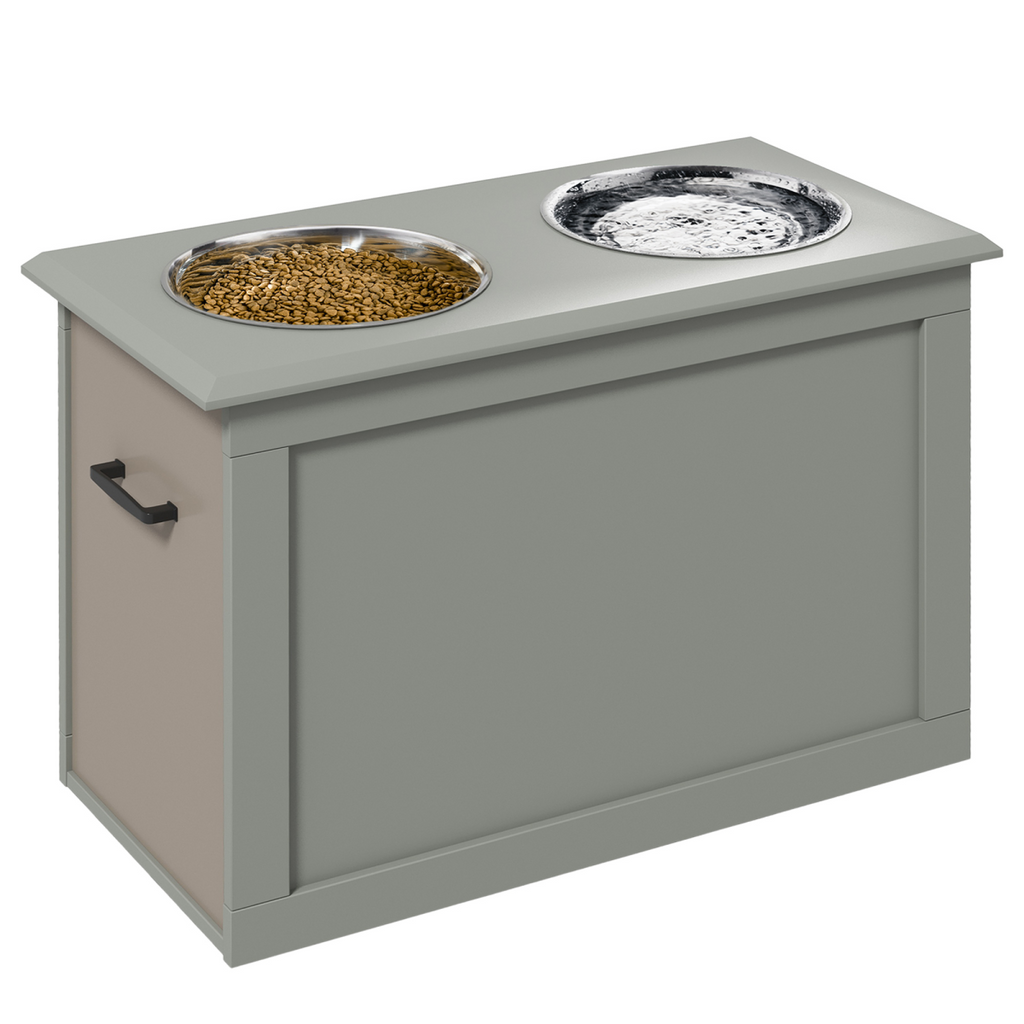 Grey Elevated Dual Pet Bowls with Storage Stand - Stainless Steel