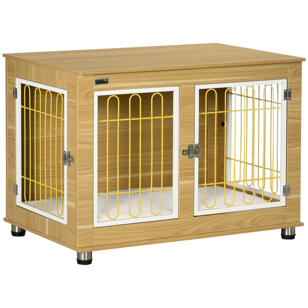 Oak-Style Dog Crate End Table with Plush Cushion & Double Doors