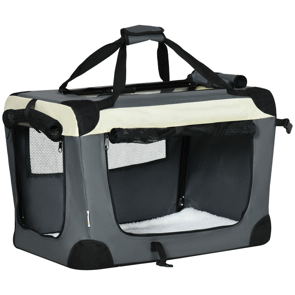 60cm Foldable Pet Carrier with Cushion - for Mini Dogs & Cats (Grey Pawhut)