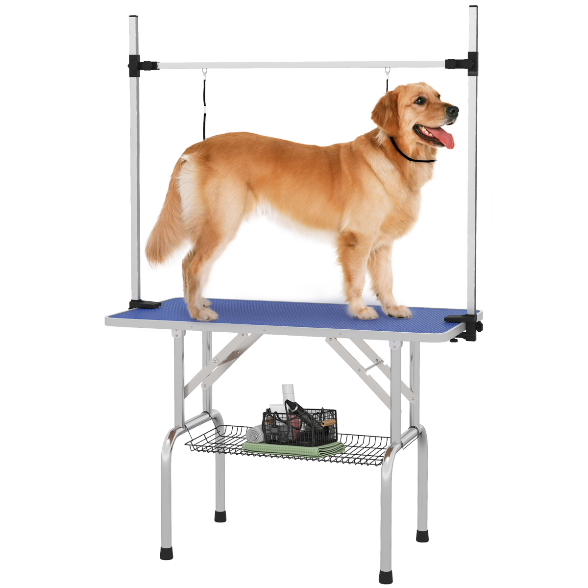 Metal Adjustable Dog Grooming Table with Rubber Top, 2 Safety Slings Pawhut