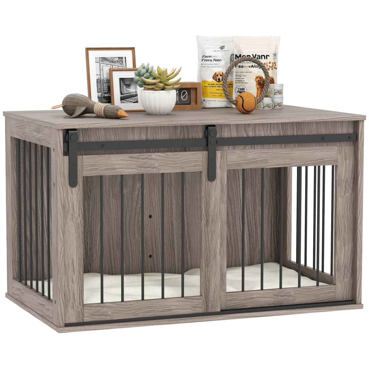 PawHut Large Dog Crate & Side Table with Removable Cushion - Brown