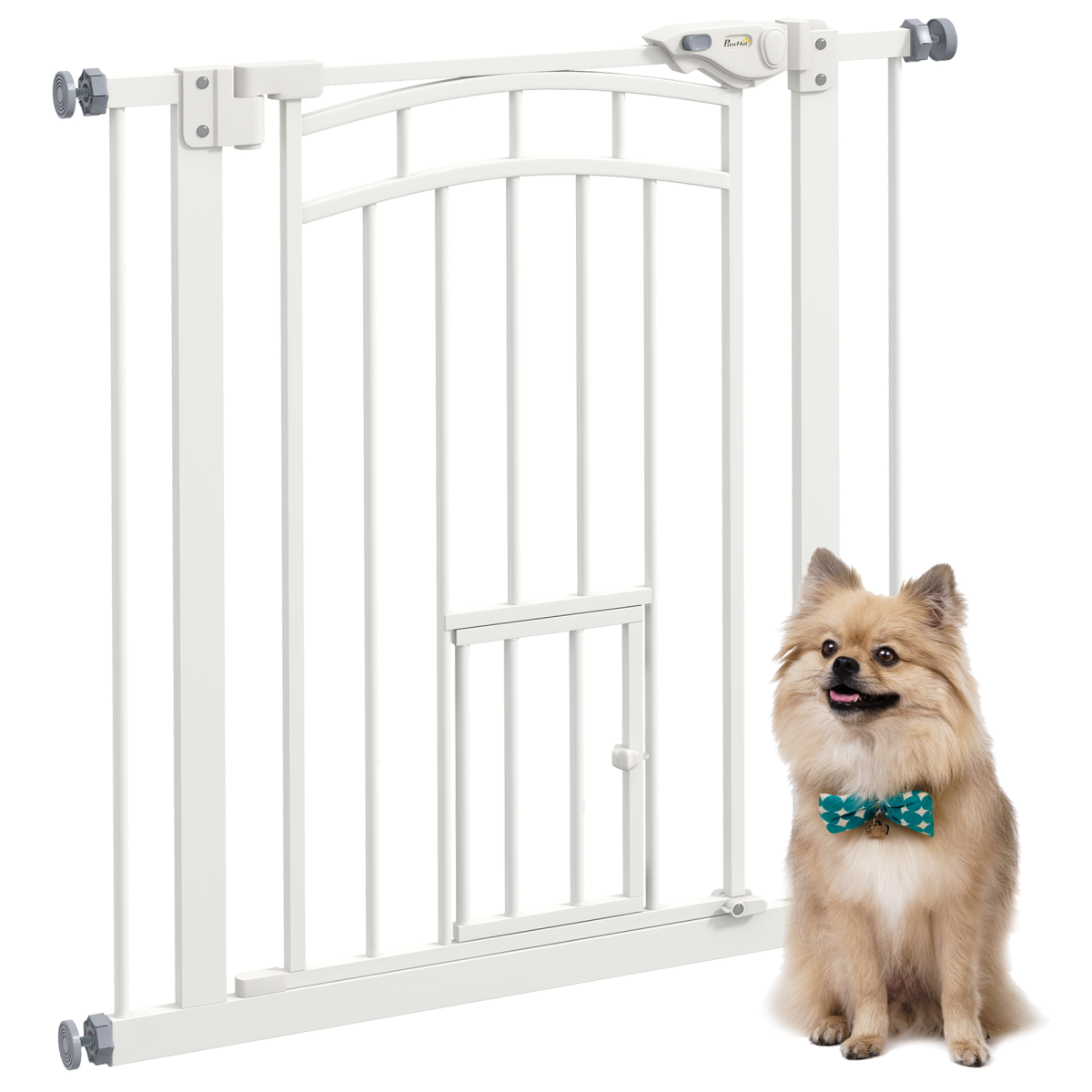 PawHut White Adjustable Pressure-Fit Pet Gate with Cat Door, 74-80cm