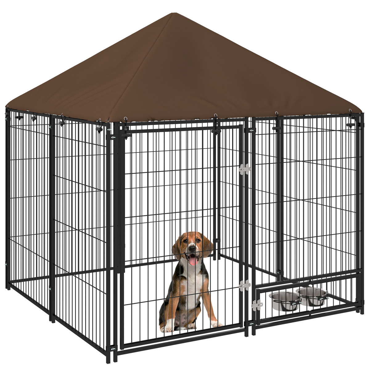 Outdoor Dog Kennel with Canopy Top, Secure Lock & Rotating Bowl Holder