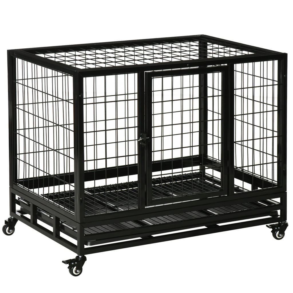 Heavy-Duty Metal Dog Kennel with Wheels & Tray - Black, Size M/L