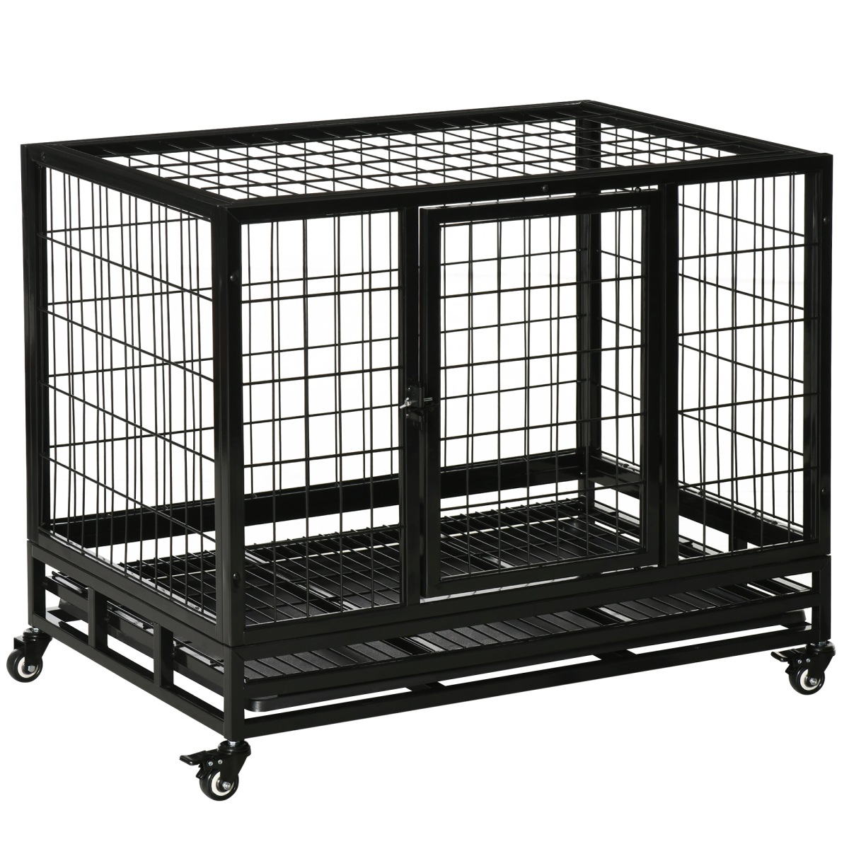 Heavy-Duty Metal Dog Kennel with Wheels & Tray - Black, Size M/L