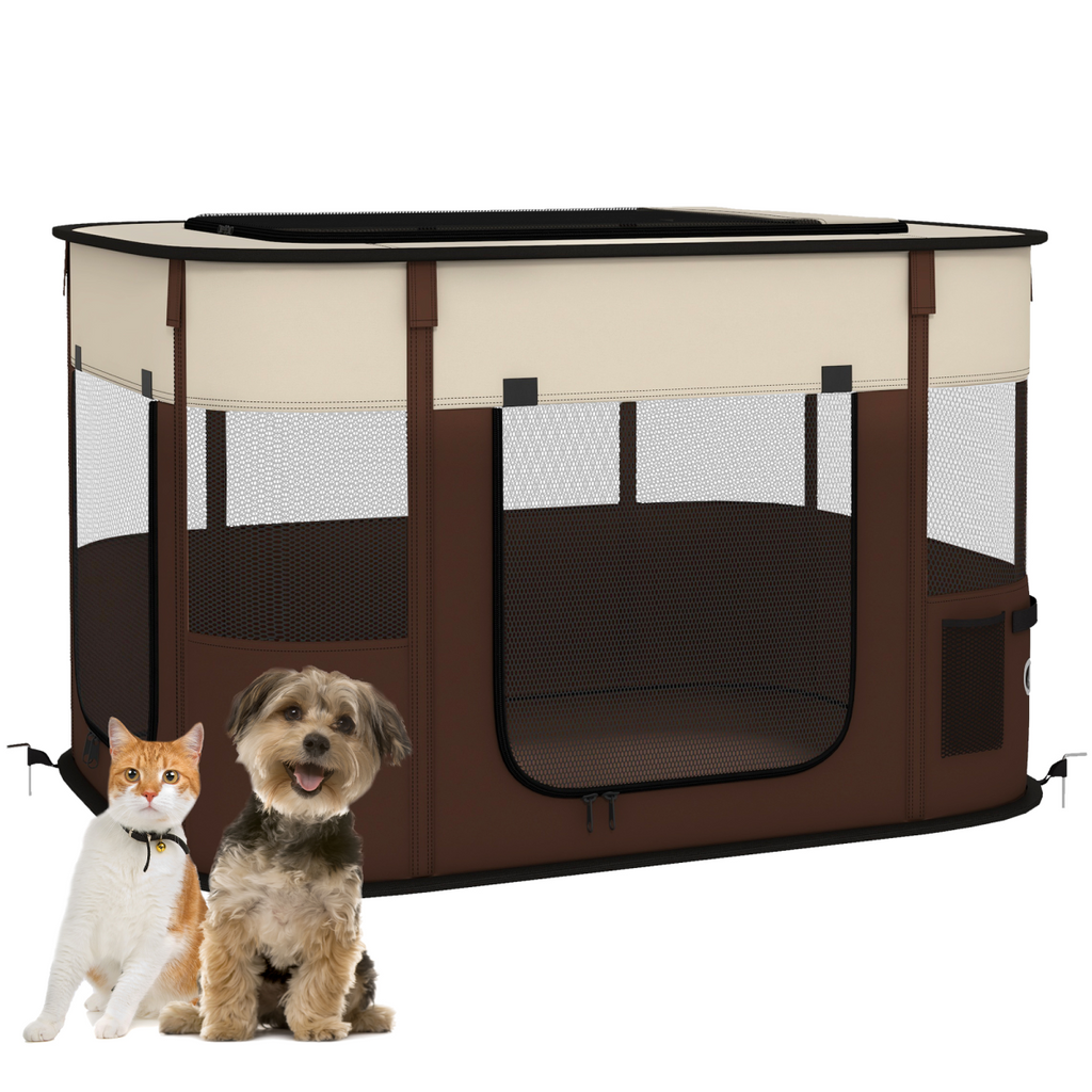 PawHut Portable Pet Pen for Small Animals - Brown, Foldable & Ventilated