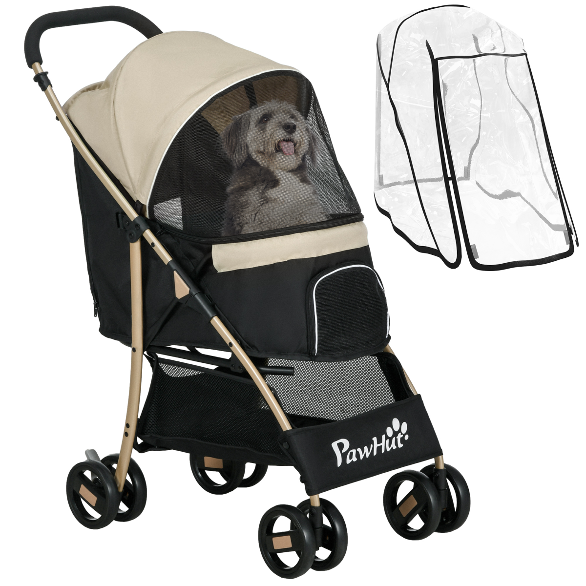 PawHut XS/S Dog Stroller with Rain Cover - Khaki, Adjustable Canopy