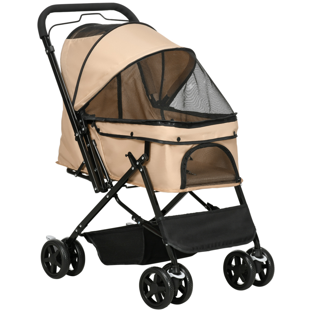 Foldable Pet Stroller for Small Dogs — Reversible Handle, Brown