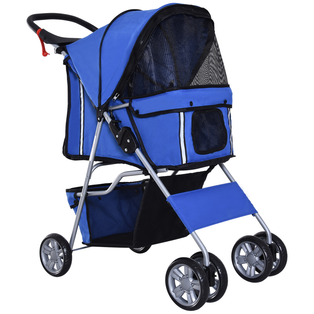 4-Wheel Pet Stroller for Small Dogs & Cats - Foldable, Leash Inside, Mesh Windows
