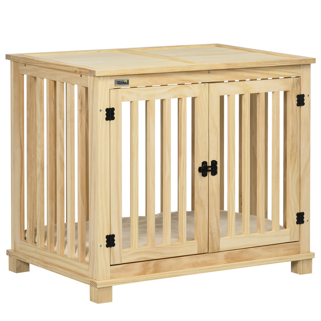 Wooden Dog Crate Furniture with Double Doors and Cushioned Pad - For Medium Dogs
