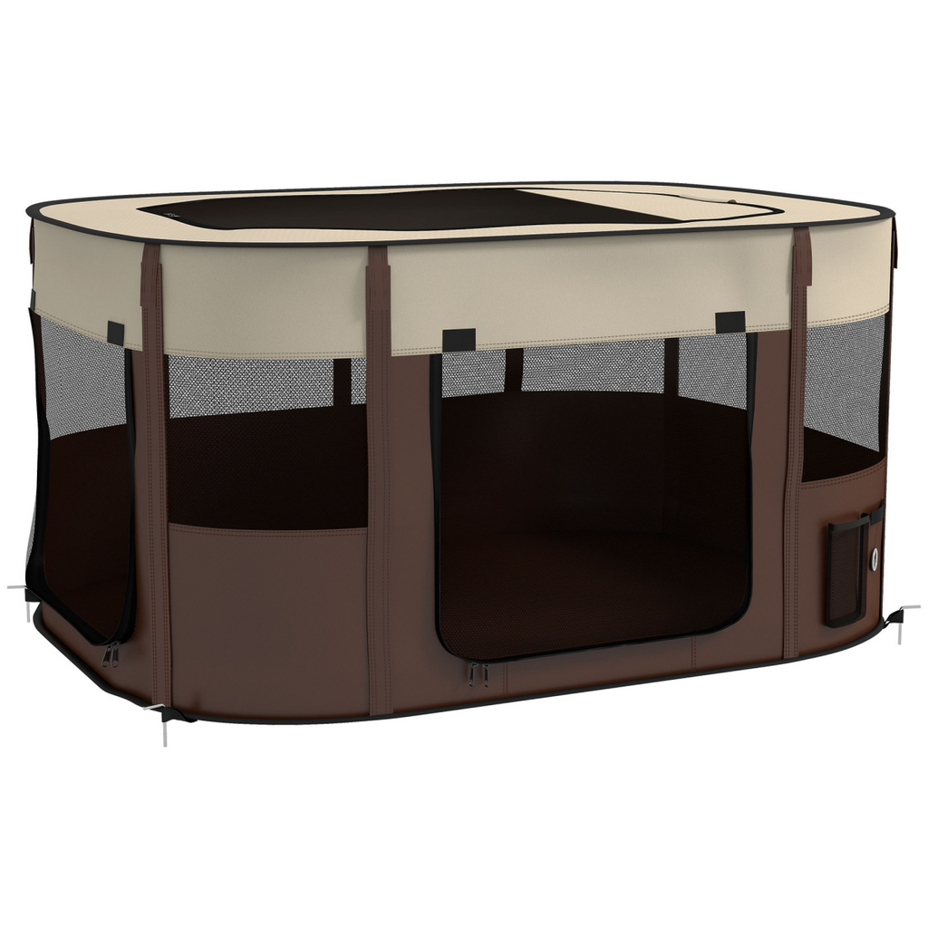 PawHut Portable Pet Pen for Small Animals - Foldable, 114x89x59 cm, Brown